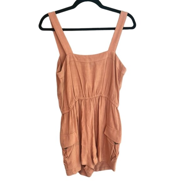 Women's NWT Forever 21 Linen Blend Rose Tie Front Romper with Pockets Size Small - Picture 2 of 4